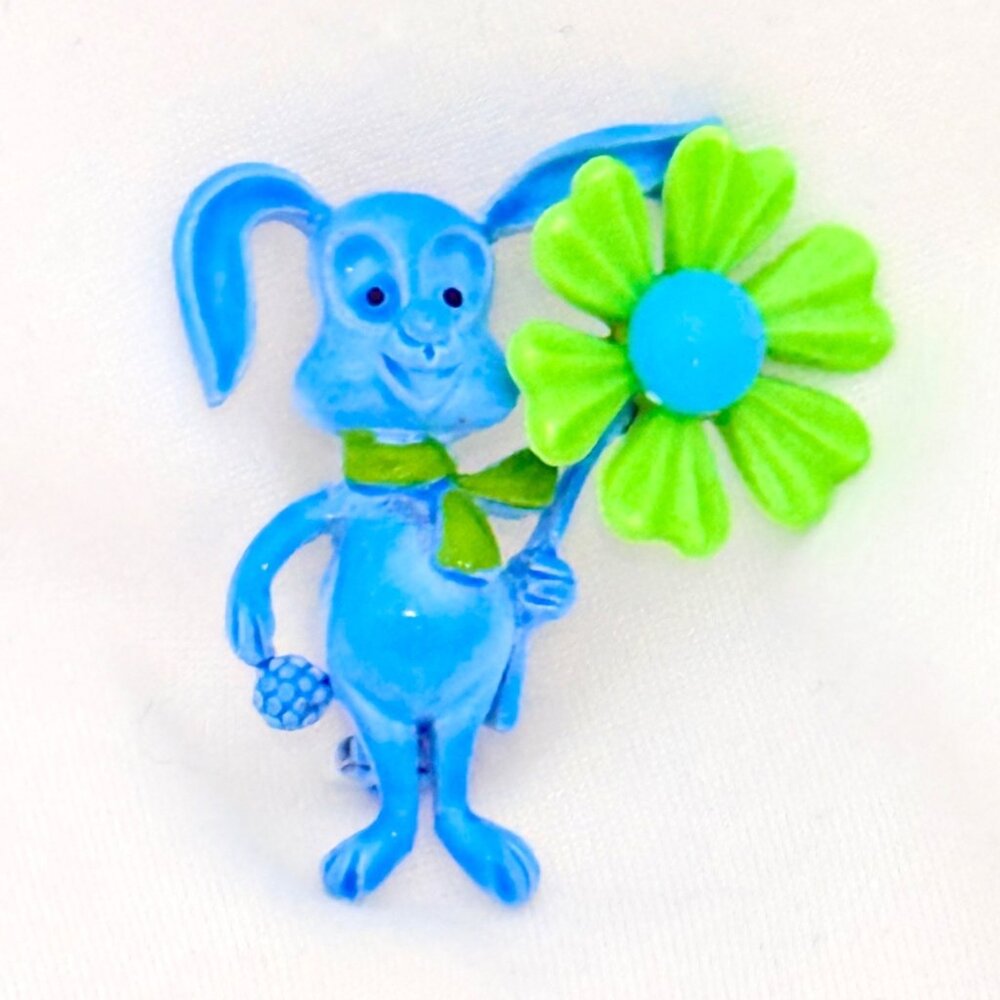 Rare Vintage JJ (Jonette Jewelry) Enameled Tiny Bunny with Flower Brooch